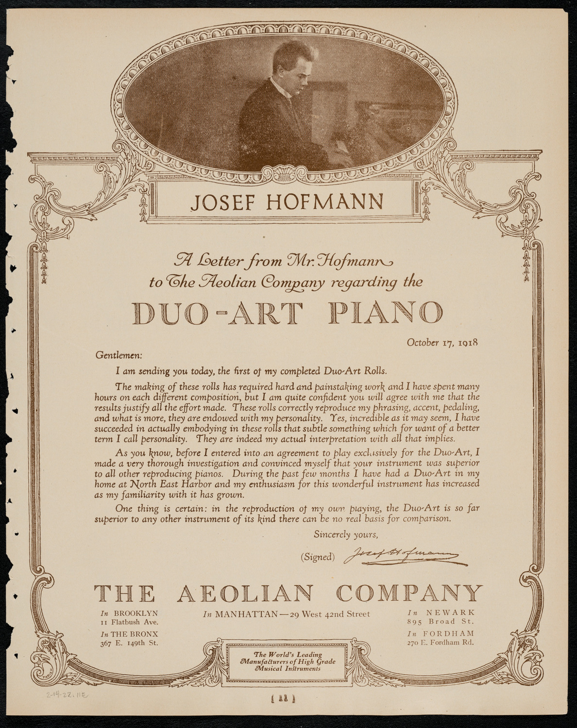 Sergei Rachmaninoff, Piano, February 14, 1922, program page 11