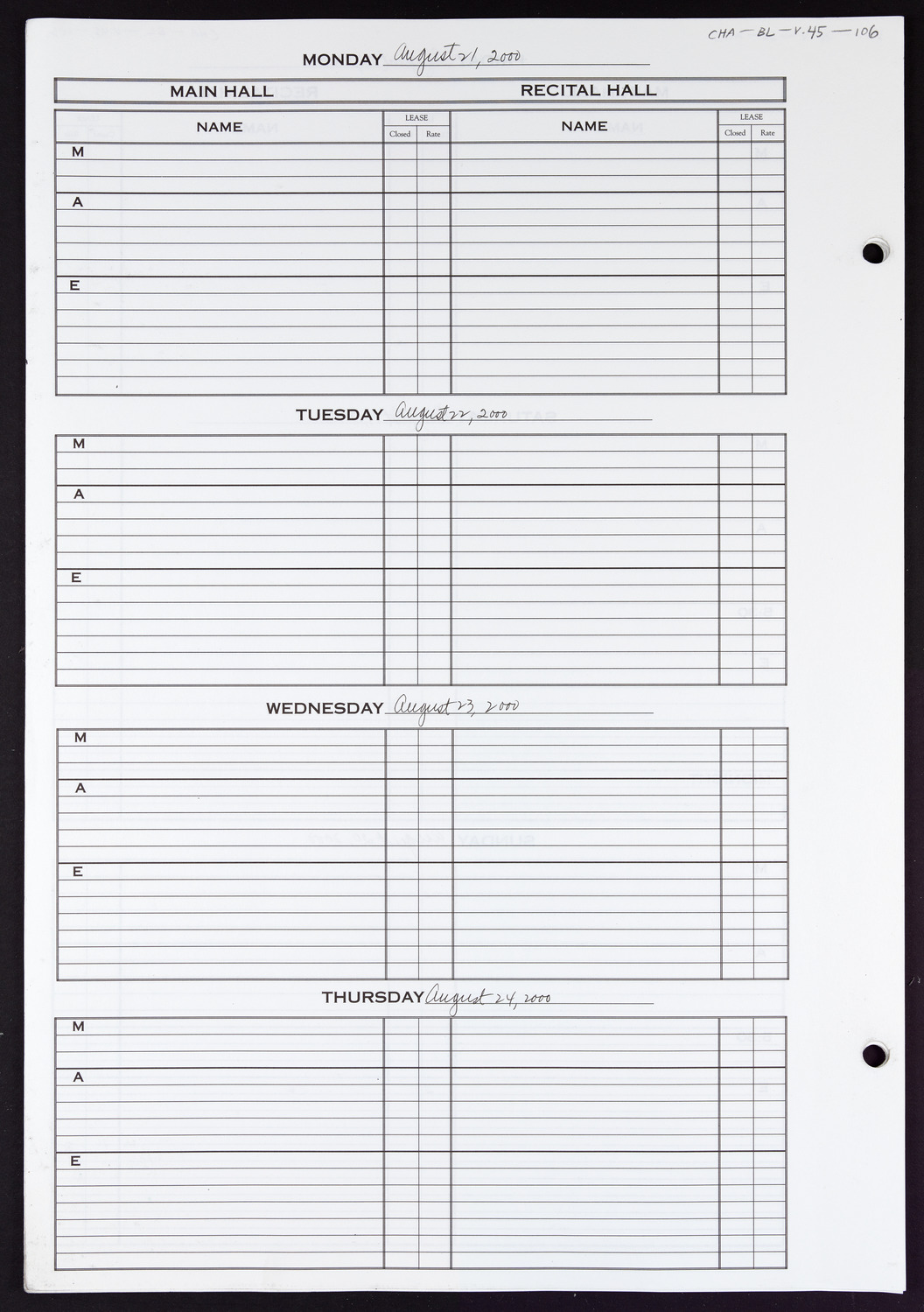 Carnegie Hall Booking Ledger, volume 45, page 106