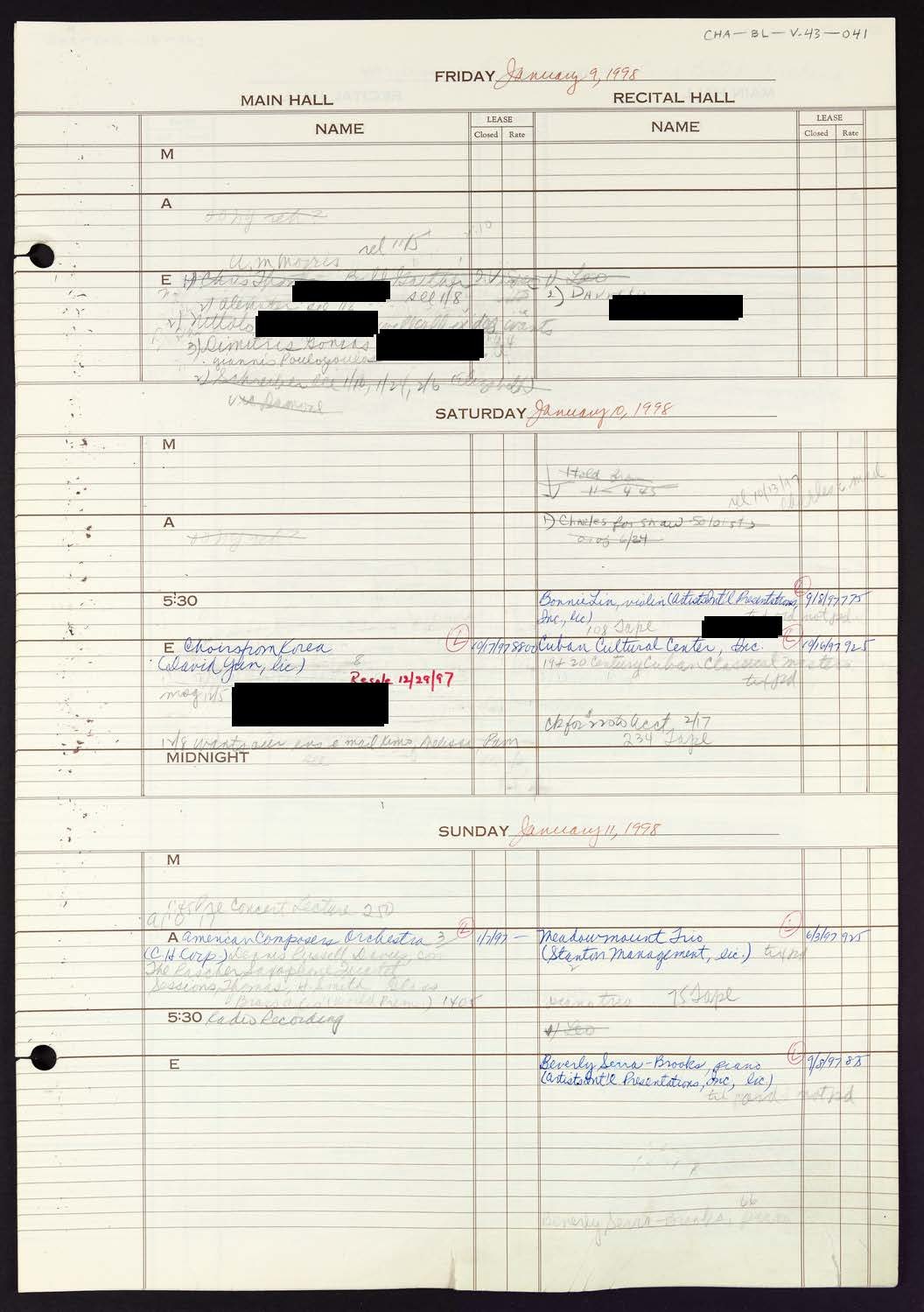 Carnegie Hall Booking Ledger, volume 43, page 41