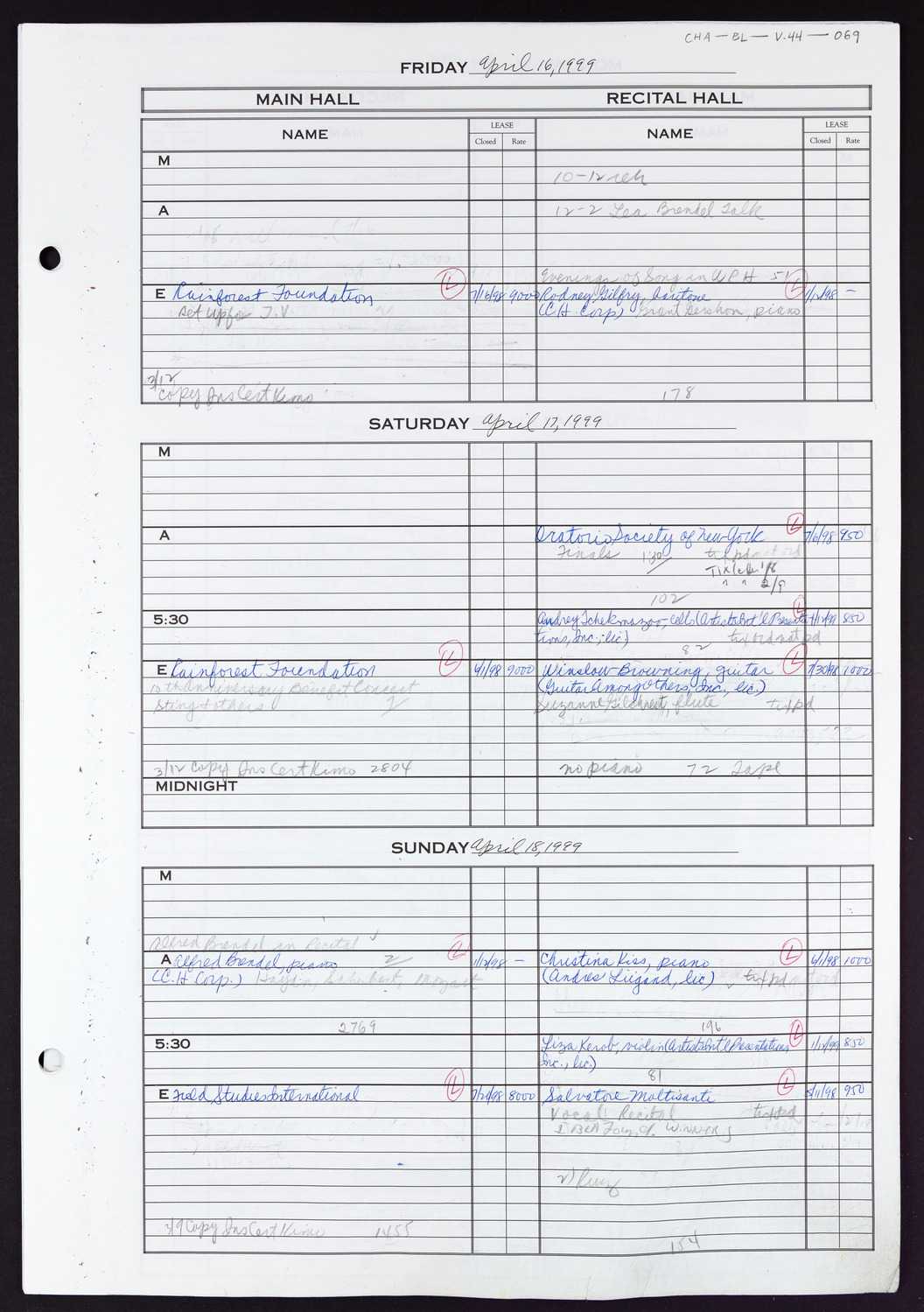 Carnegie Hall Booking Ledger, volume 44, page 69