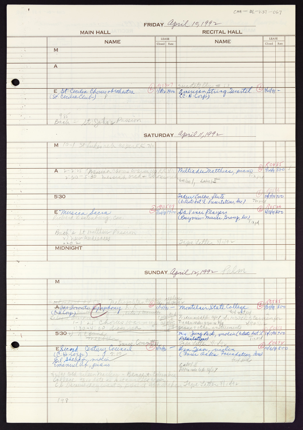 Carnegie Hall Booking Ledger, volume 37, page 67