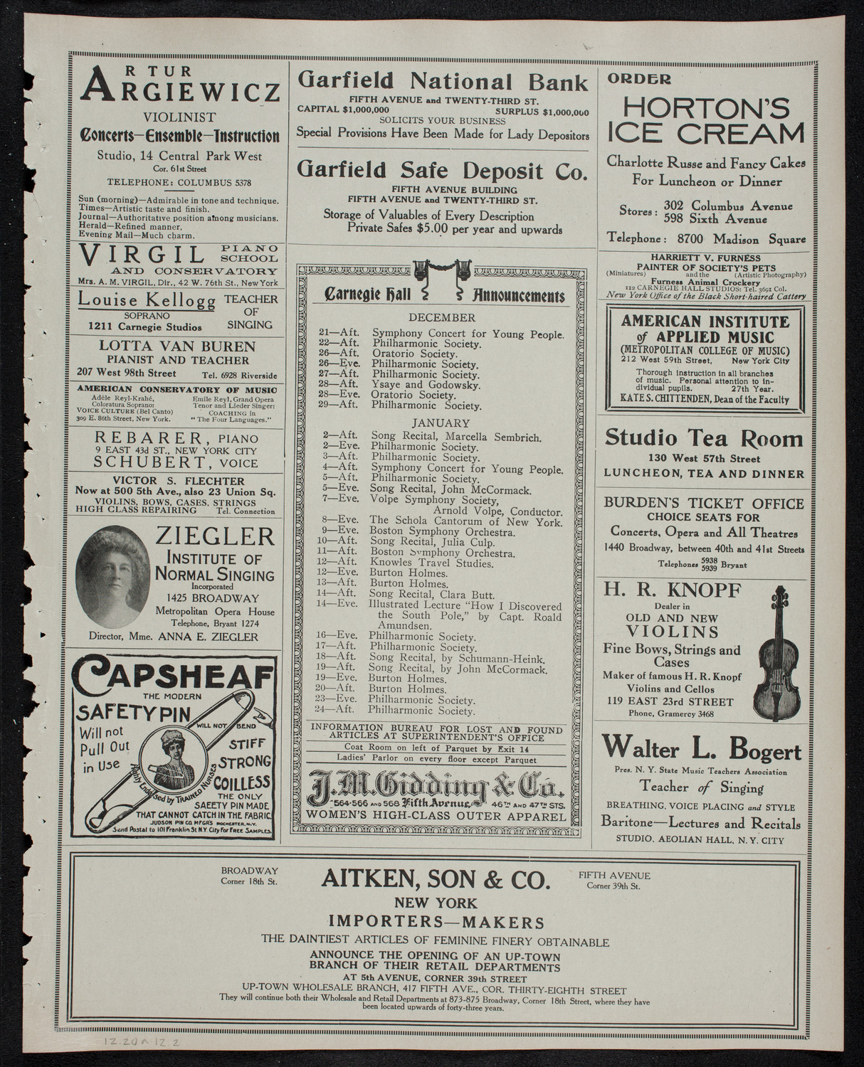 New York Philharmonic, December 20, 1912, program page 3