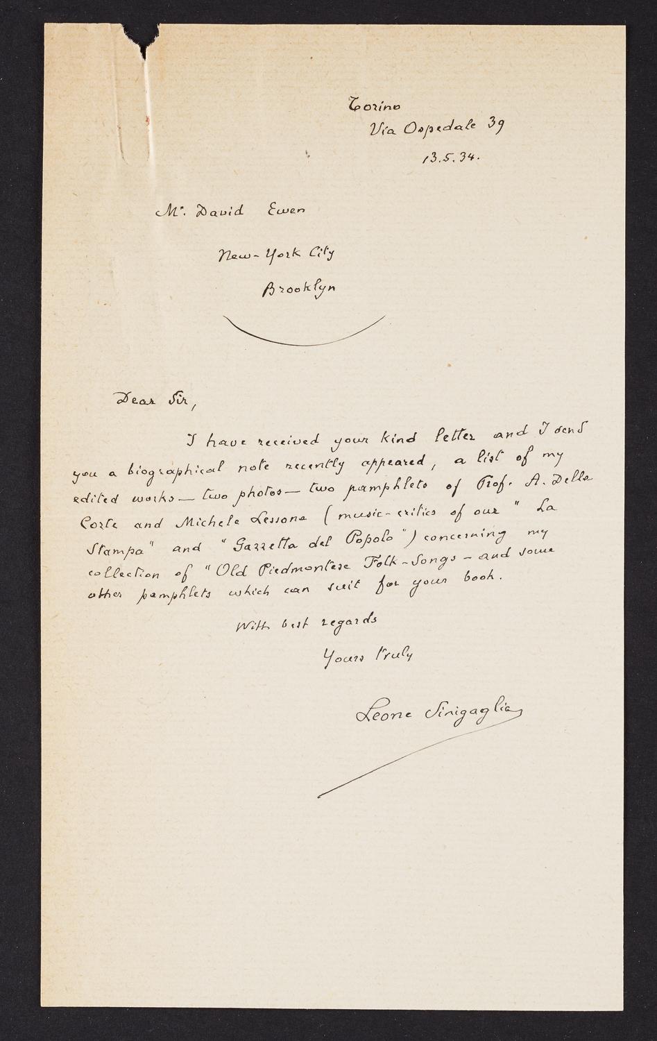 Correspondence from Leone Sinigaglia to David Ewen