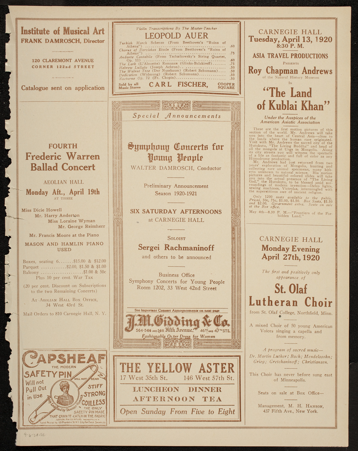Josef Schlisky and Max Gegna, April 6, 1920, program page 9