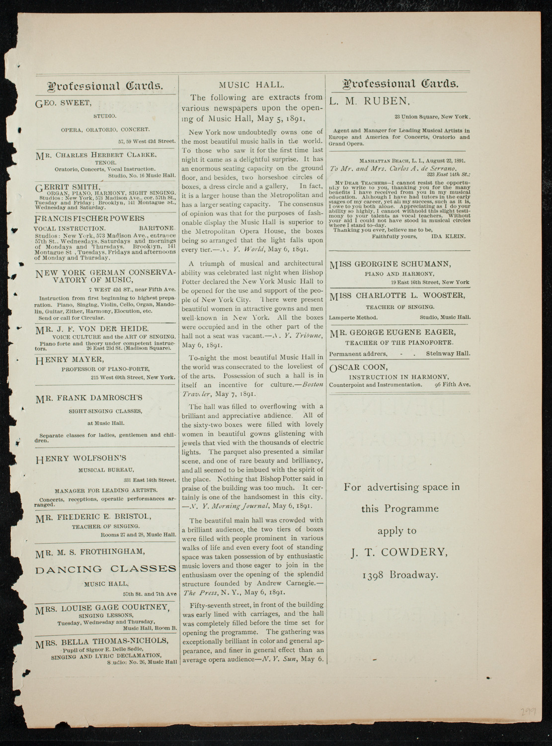 New York Symphony String Quartet, December 6, 1891, program page 11