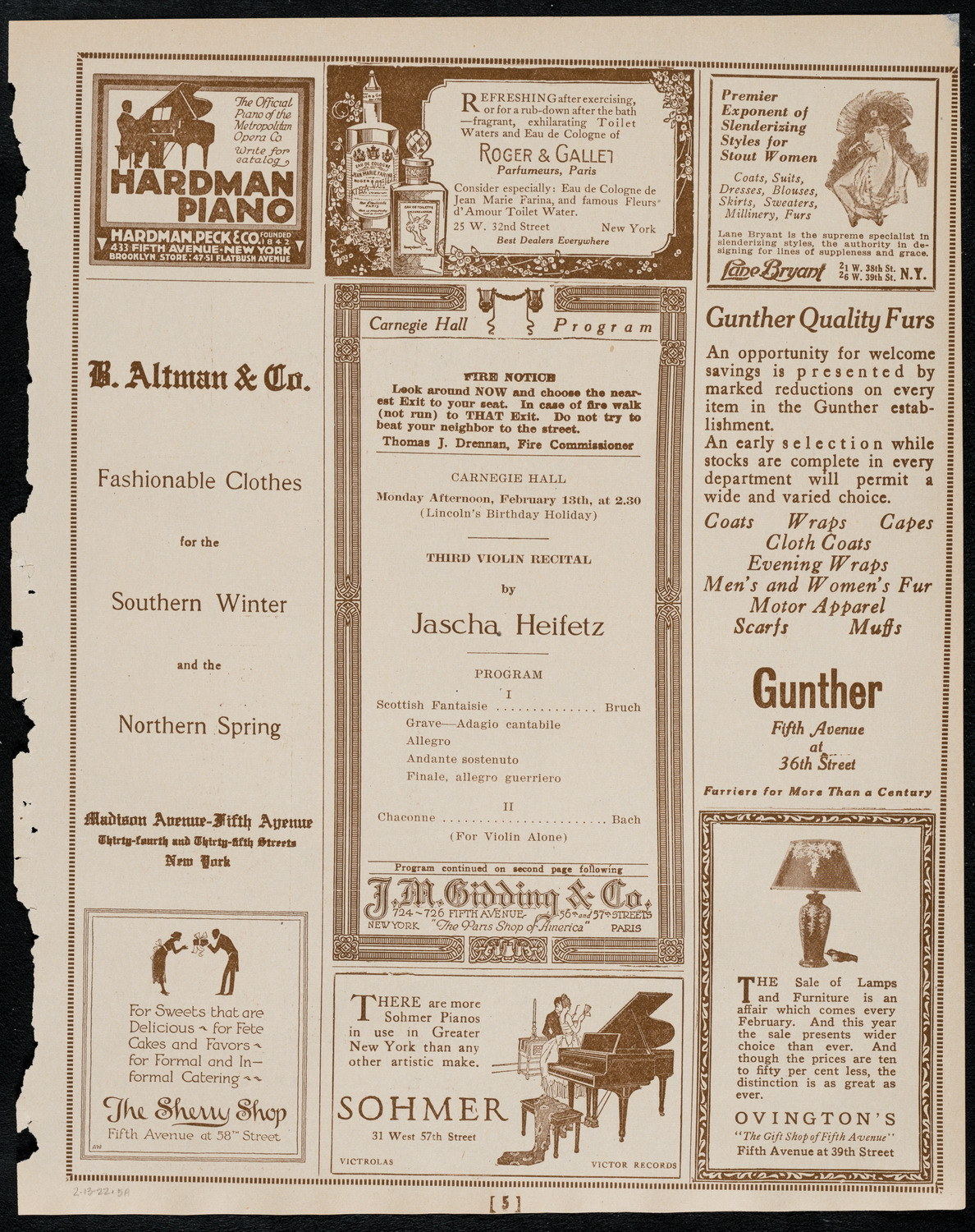 Jascha Heifetz, Violin, February 13, 1922, program page 5