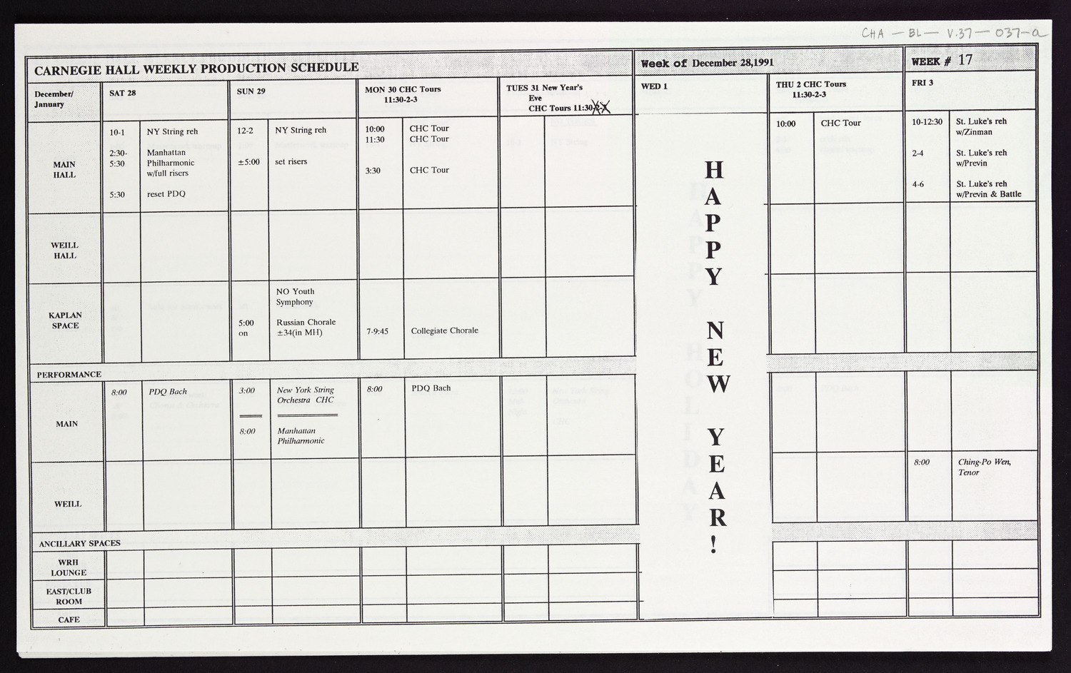 Carnegie Hall Booking Ledger, volume 37, page 37a