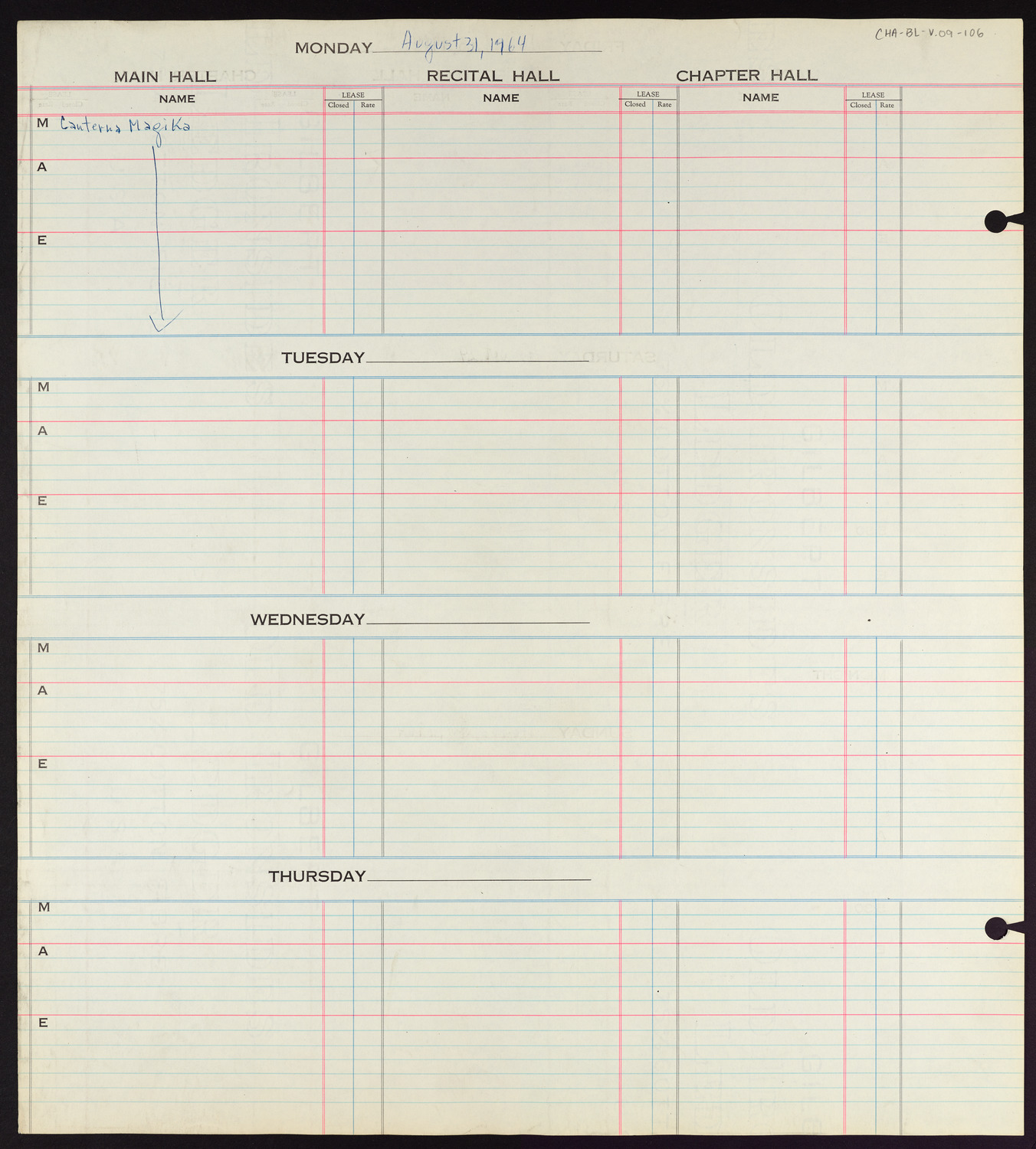 Carnegie Hall Booking Ledger, volume 9, page 106