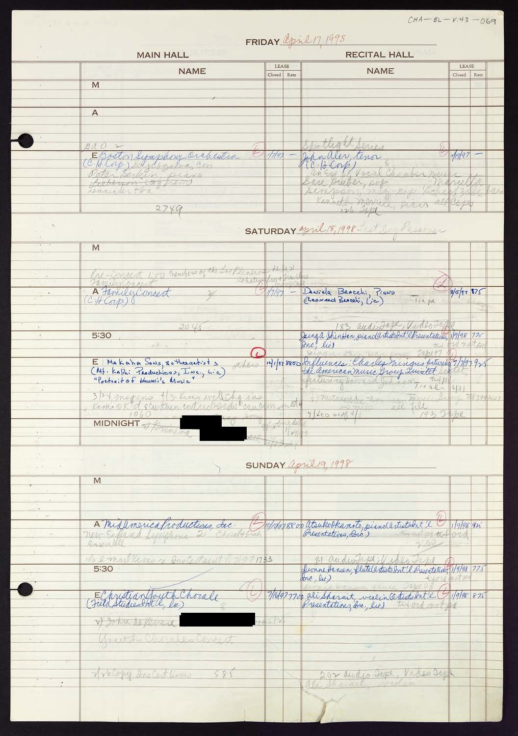 Carnegie Hall Booking Ledger, volume 43, page 69