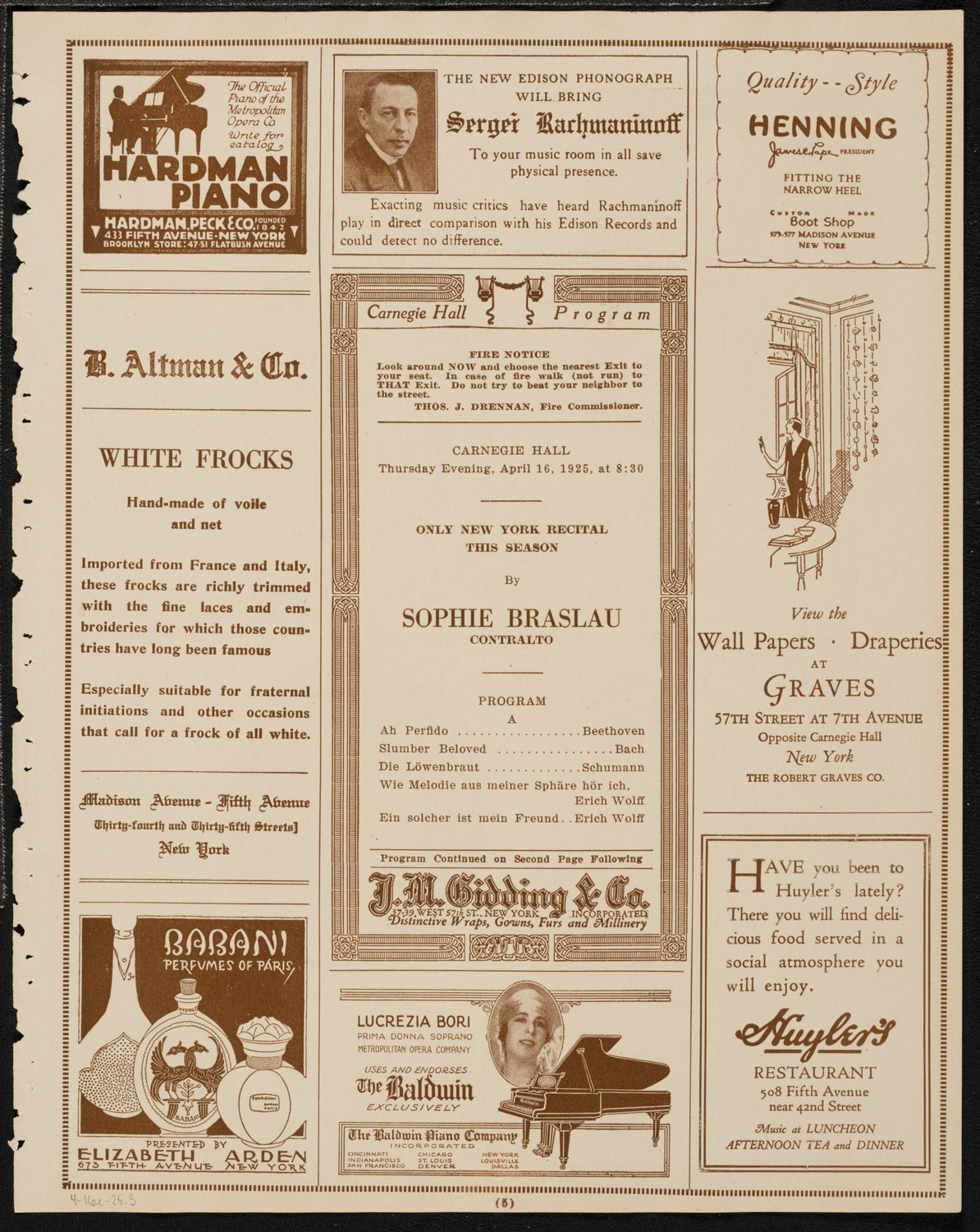 Sophie Braslau, Contralto, April 16, 1925, program page 5