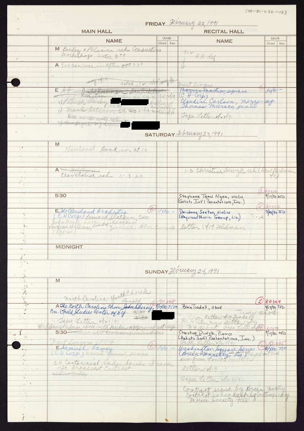 Carnegie Hall Booking Ledger, volume 36, page 53