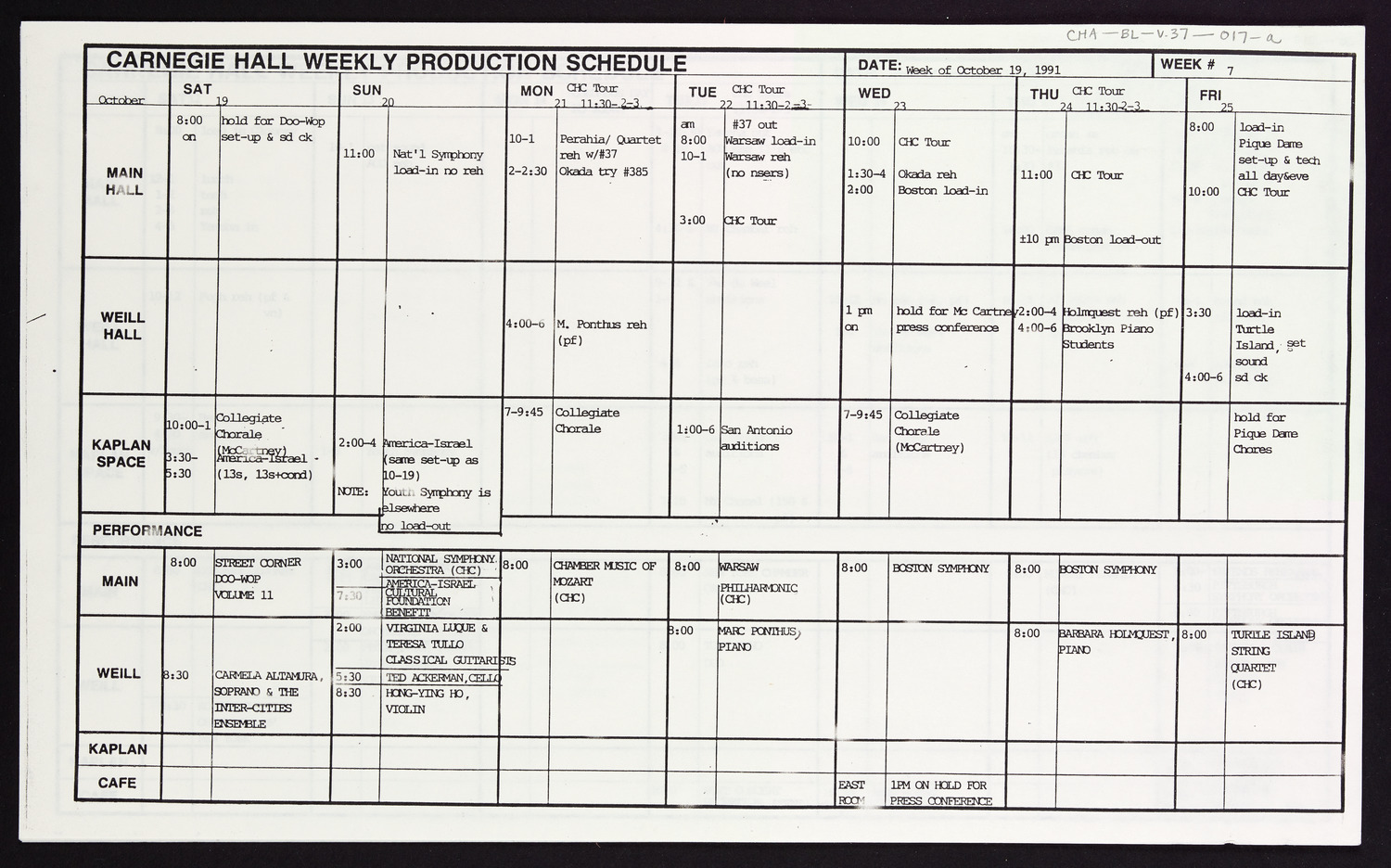 Carnegie Hall Booking Ledger, volume 37, page 17a