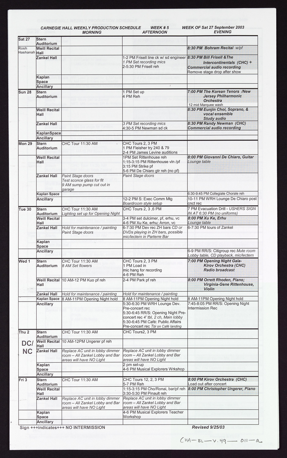 Carnegie Hall Booking Ledger, volume 49, page 11a