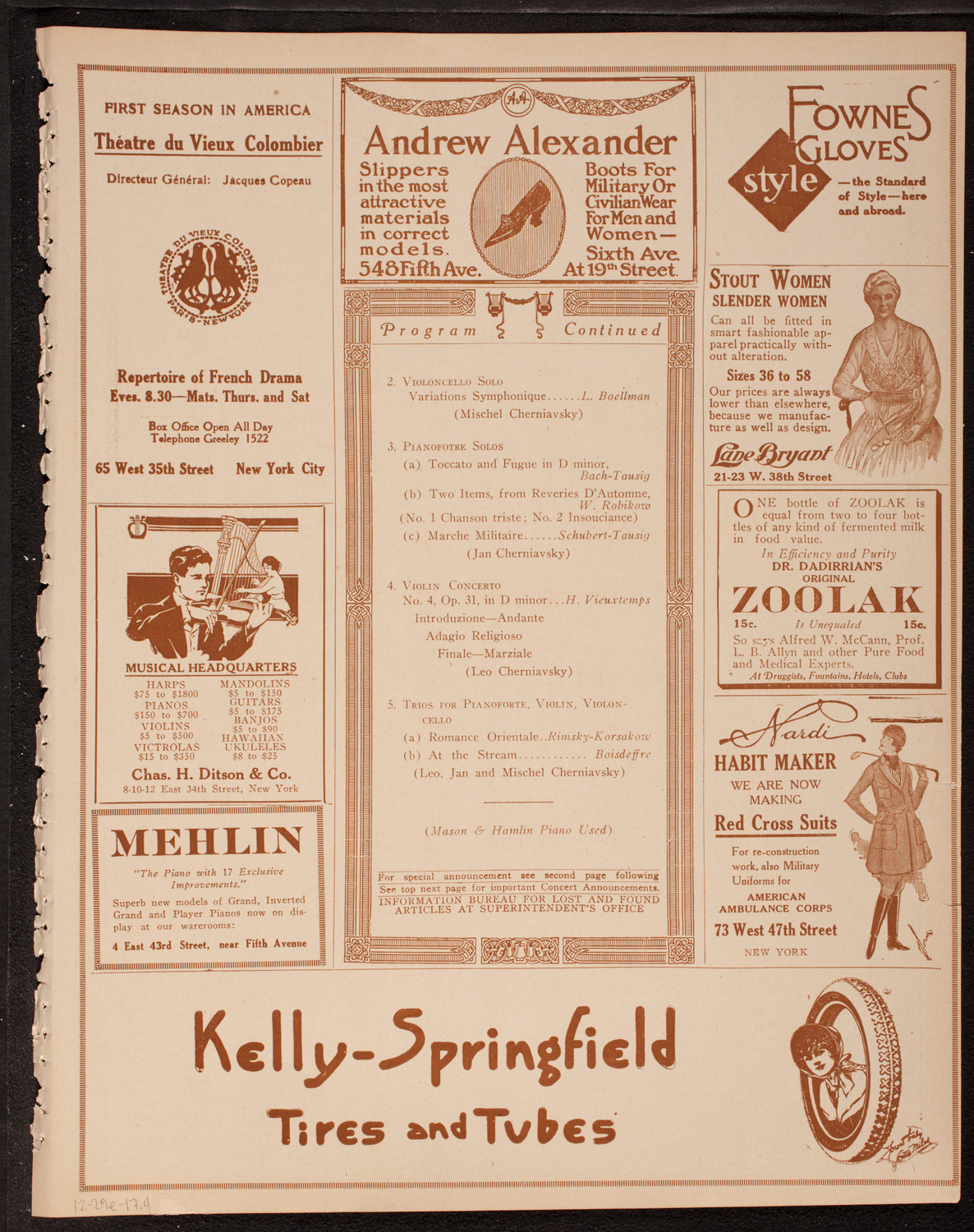 Leo, Jan and Mischel Cherniavsky, December 29, 1917, program page 7
