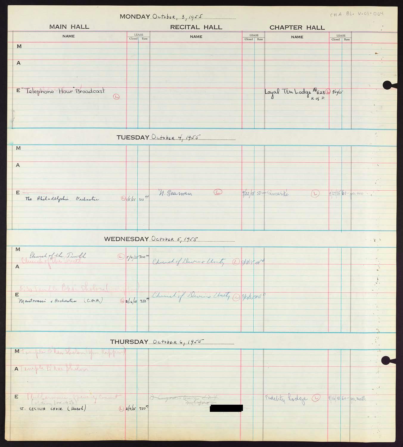 Carnegie Hall Booking Ledger, volume 1, page 4