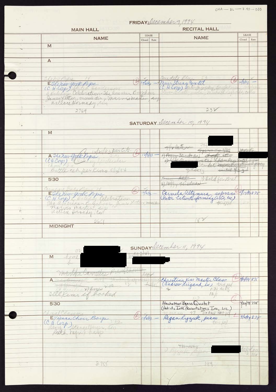 Carnegie Hall Booking Ledger, volume 40, page 33