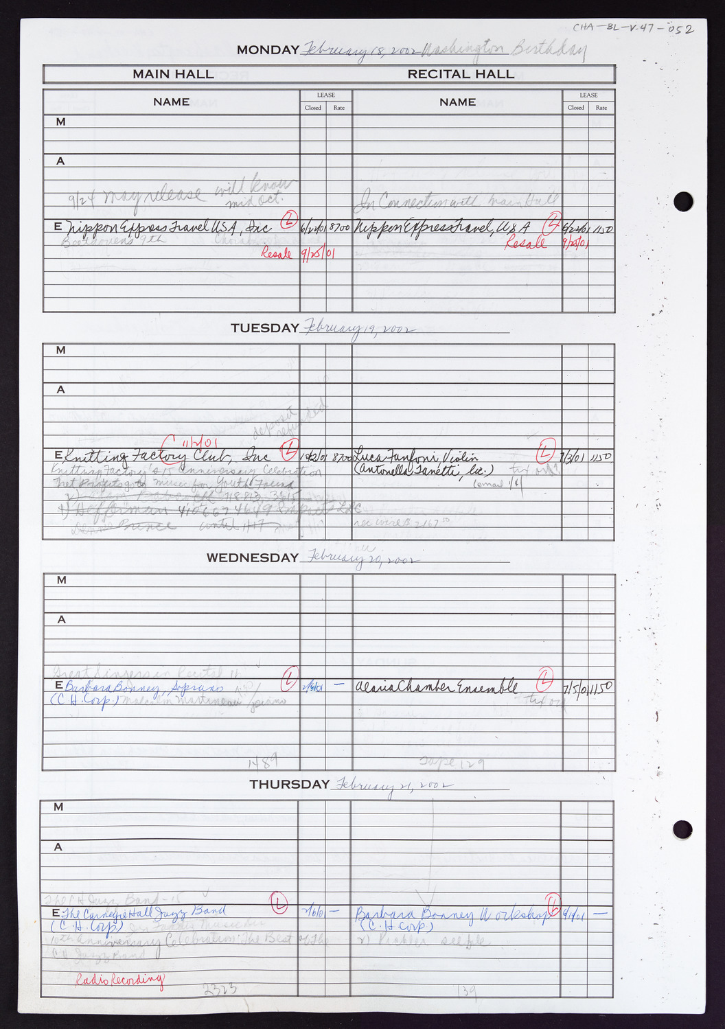 Carnegie Hall Booking Ledger, volume 47, page 52