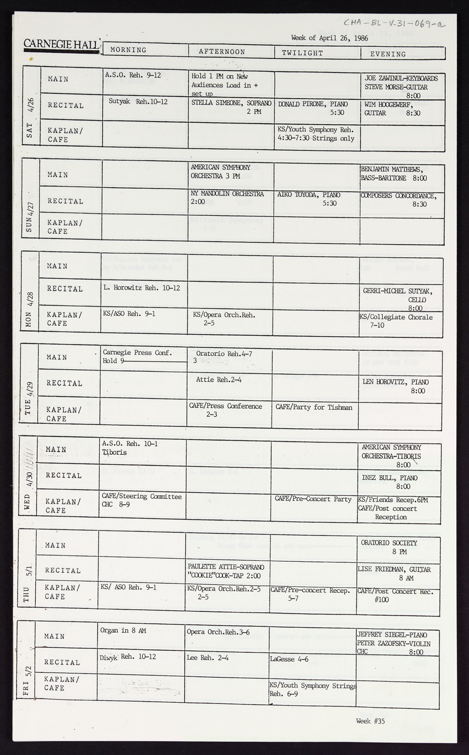 Carnegie Hall Booking Ledger, volume 31, page 69a