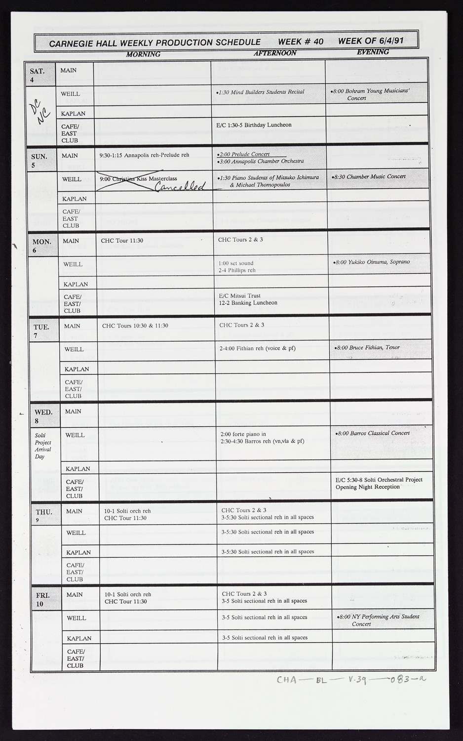 Carnegie Hall Booking Ledger, volume 39, page 83a