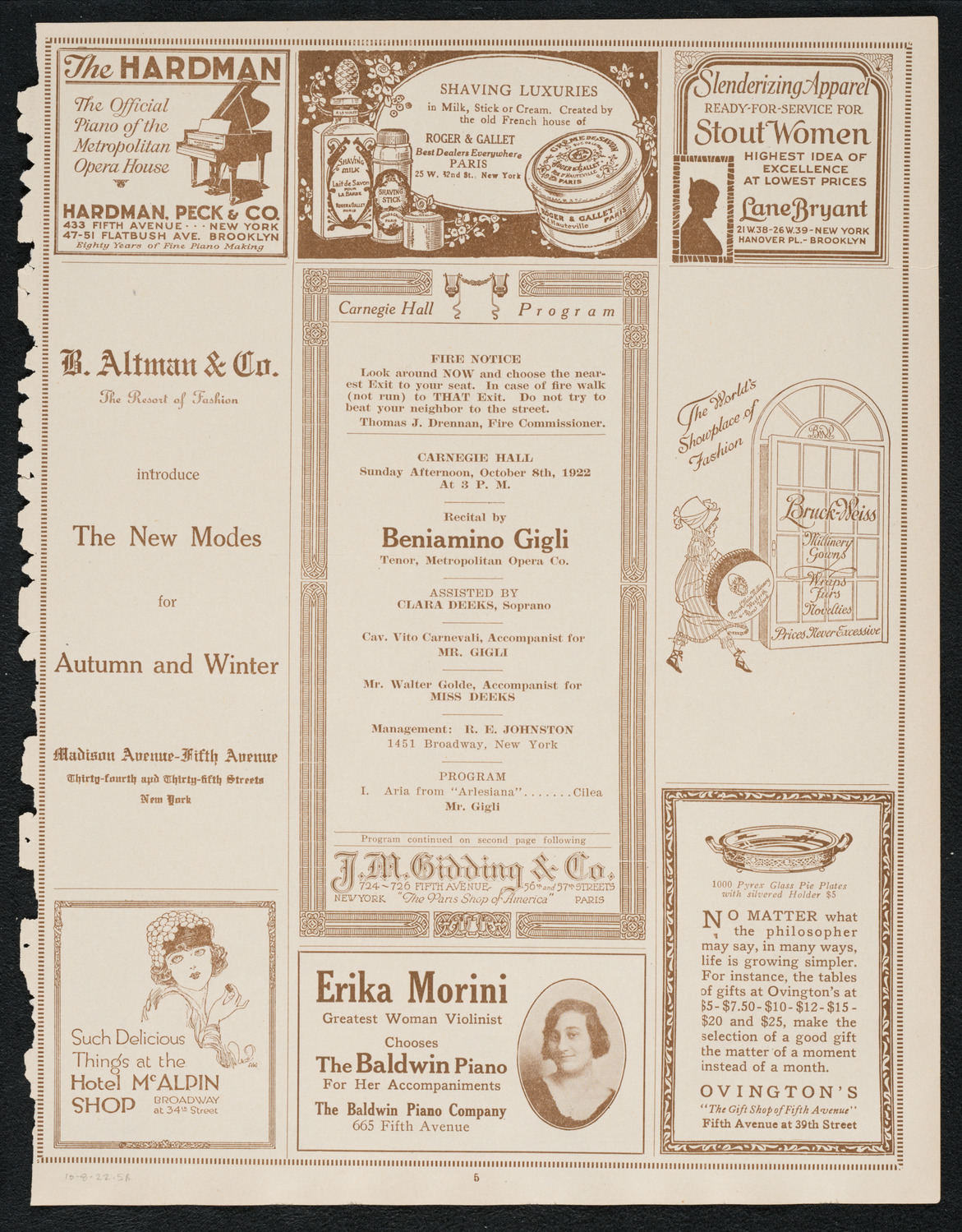 Beniamino Gigli, Tenor, October 8, 1922, program page 5