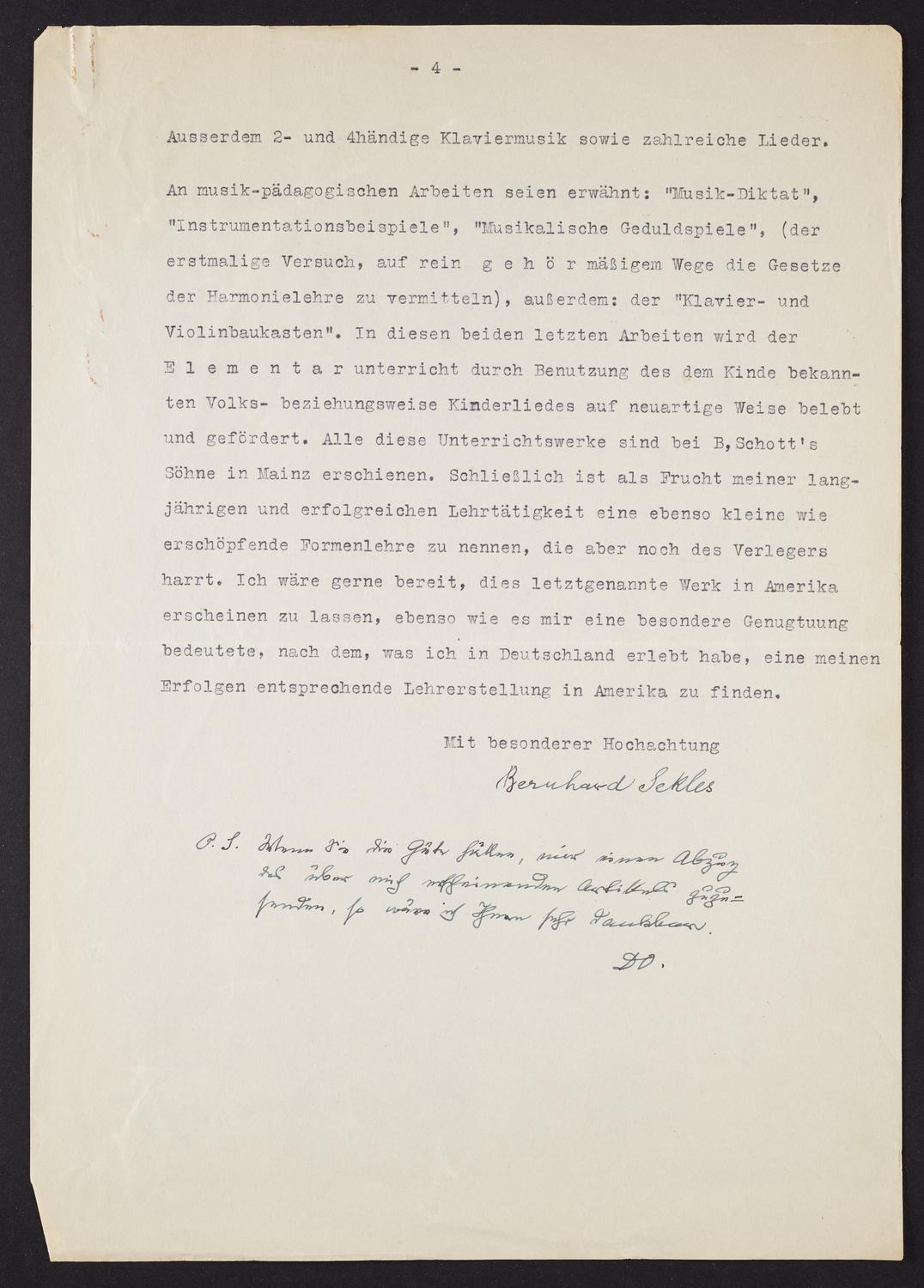 Correspondence from Bernhard Sekles to David Ewen, page 4 of 4