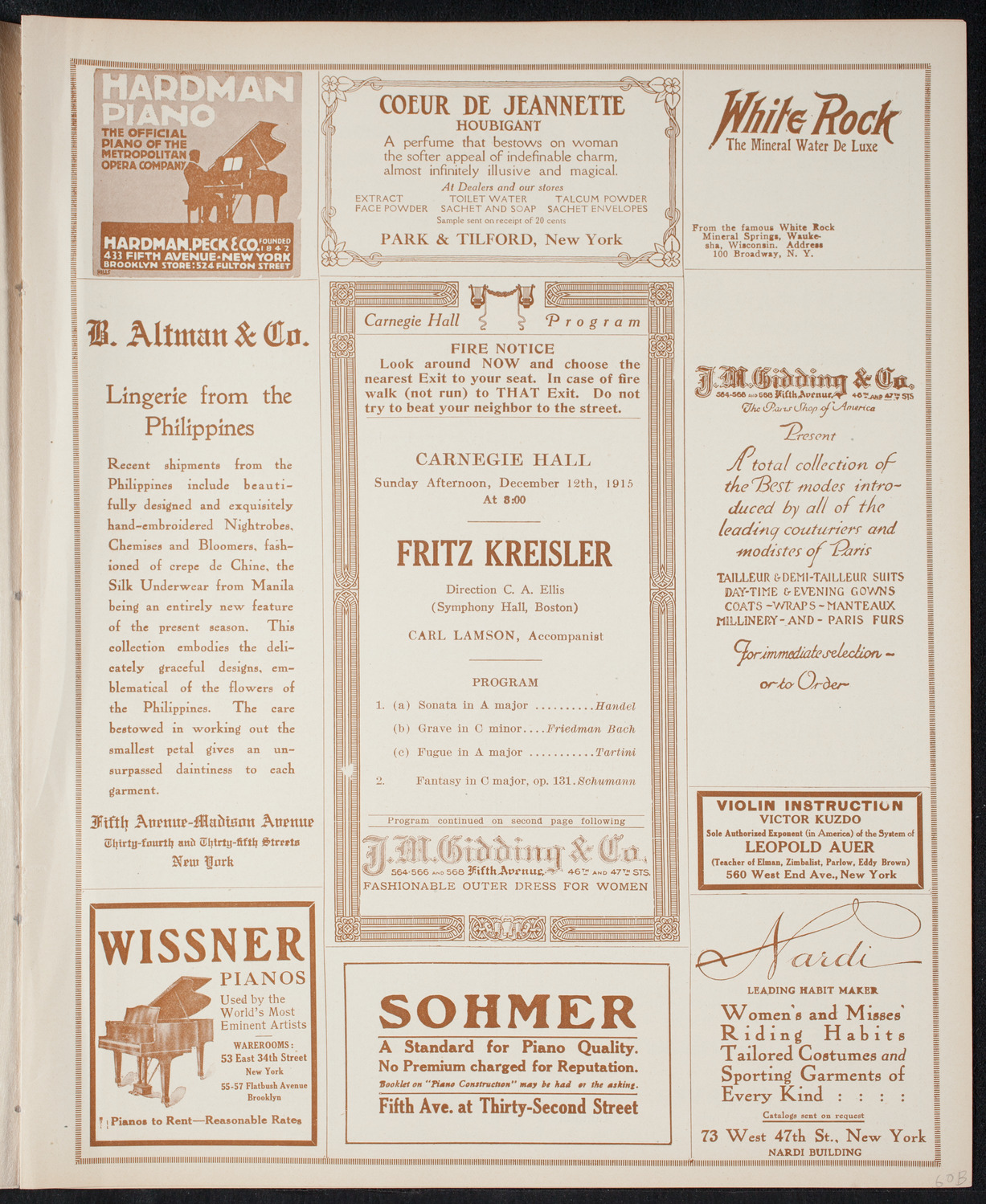 Fritz Kreisler, Violin, December 12, 1915, program page 5