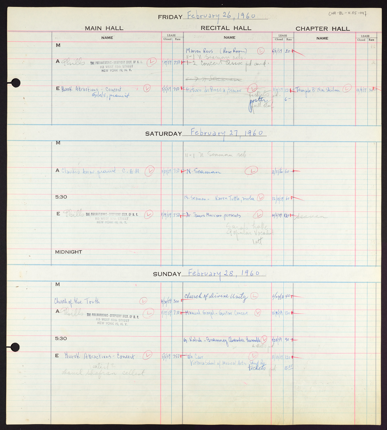 Carnegie Hall Booking Ledger, volume 5, page 47