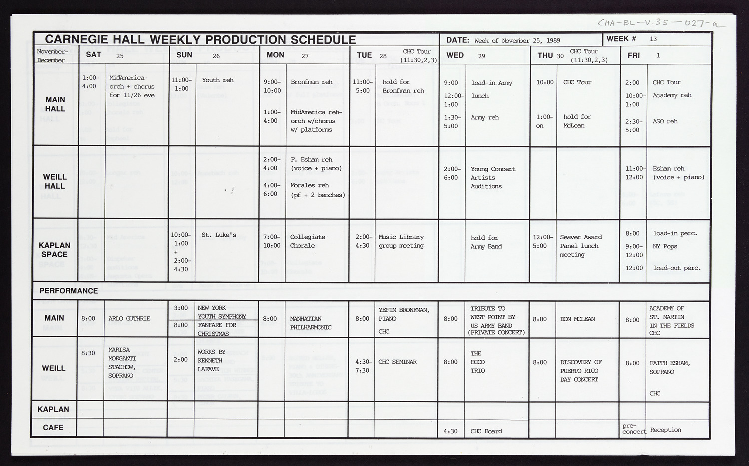 Carnegie Hall Booking Ledger, volume 35, page 27a