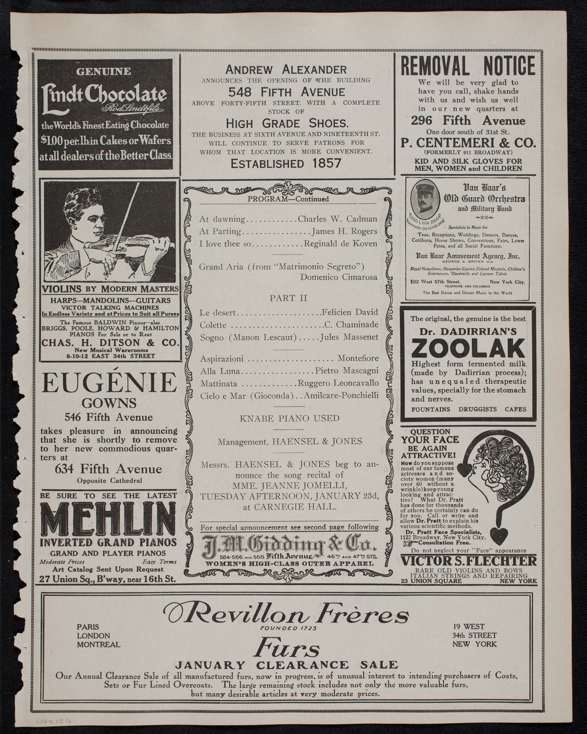 Alessandro Bonci, Tenor, January 10, 1912, program page 7