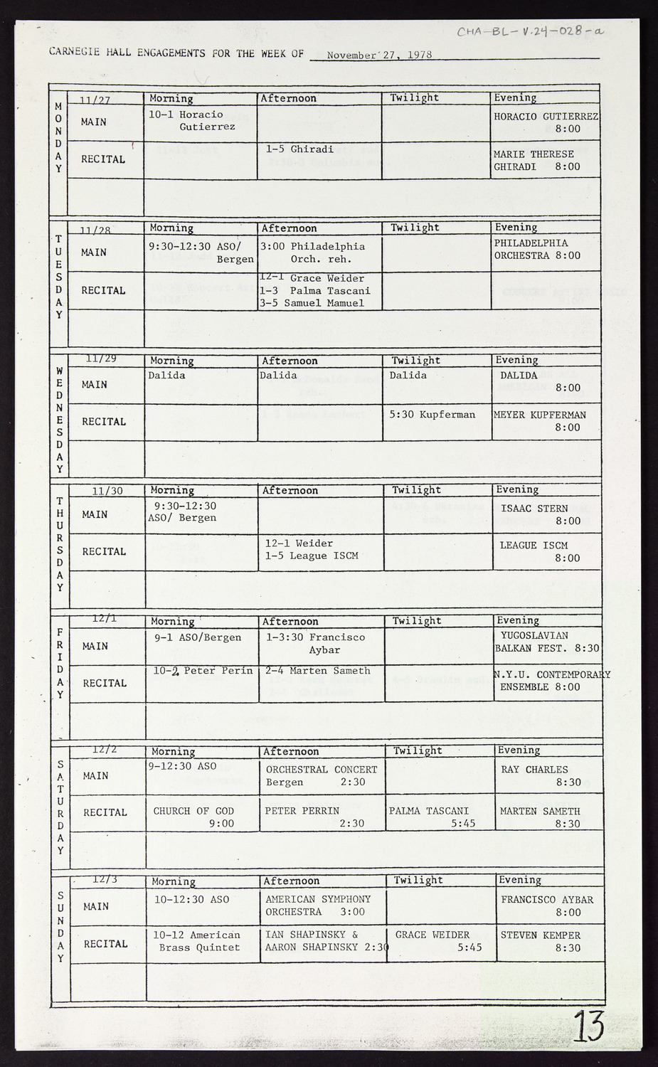 Carnegie Hall Booking Ledger, volume 24, page 28a