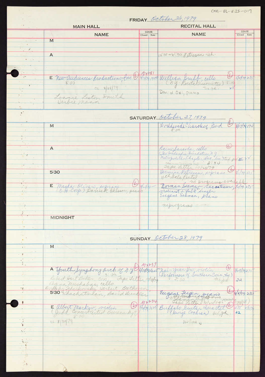 Carnegie Hall Booking Ledger, volume 25, page 17