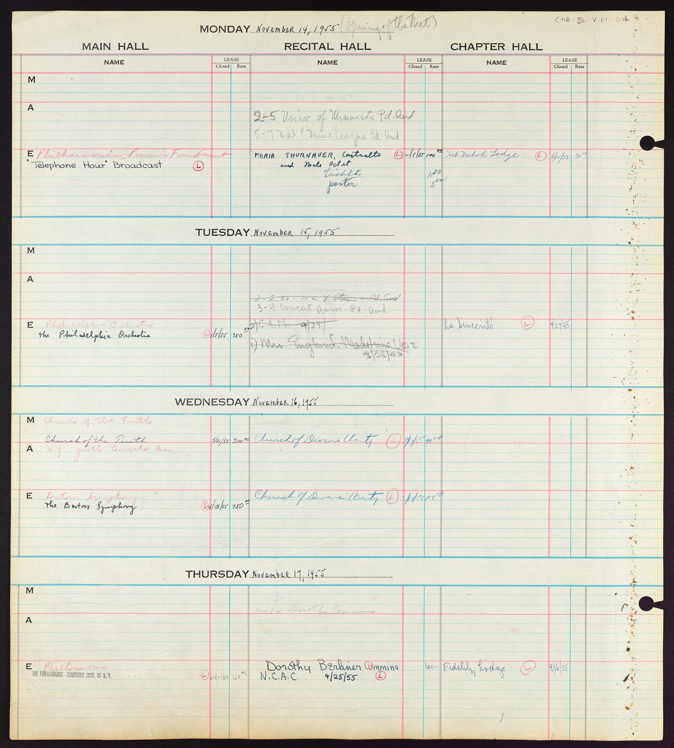 Carnegie Hall Booking Ledger, volume 1, page 16