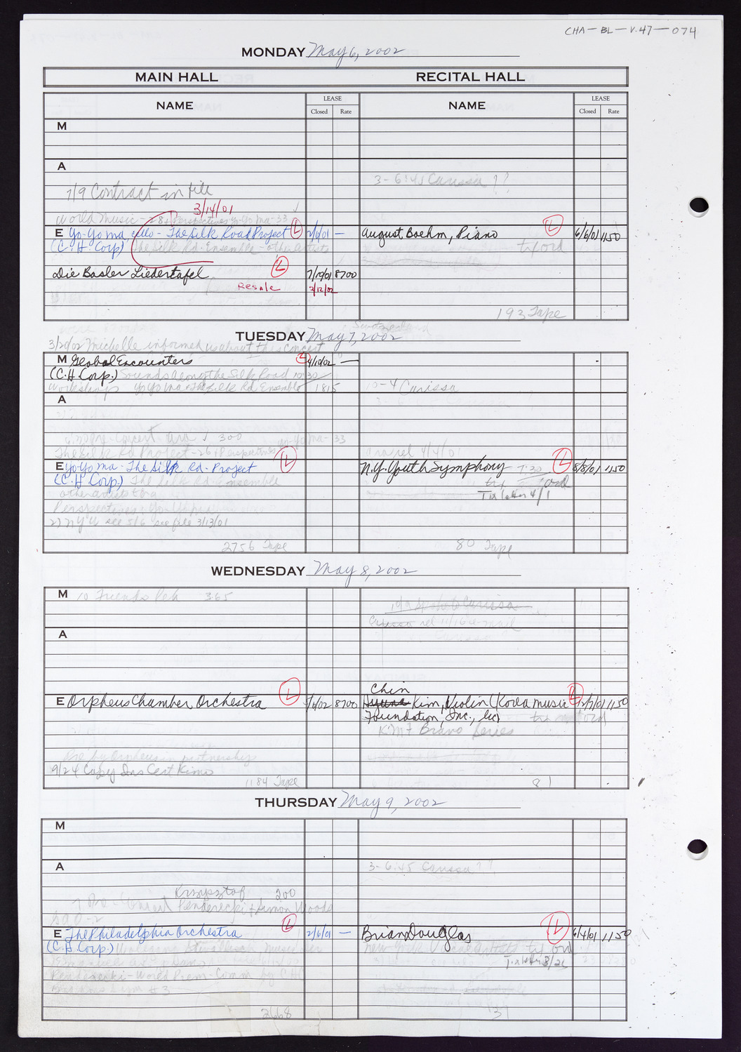 Carnegie Hall Booking Ledger, volume 47, page 74