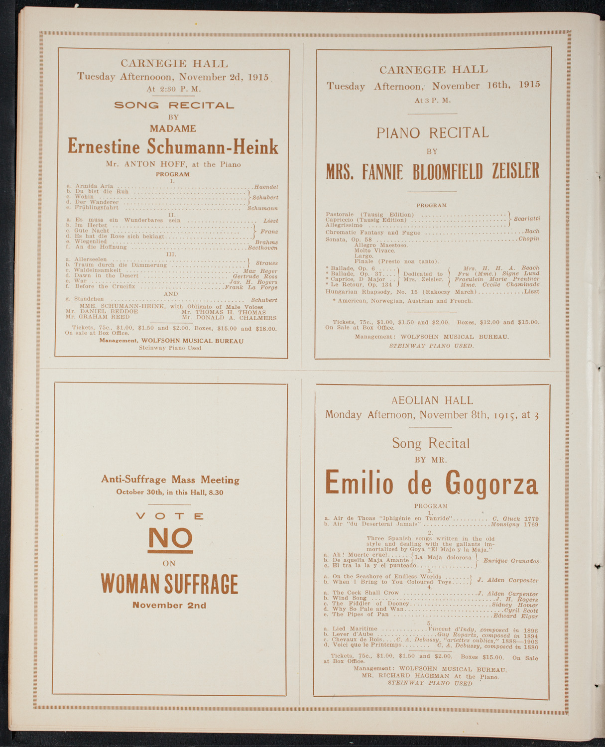 Mischa Elman, Violin, October 30, 1915, program page 10