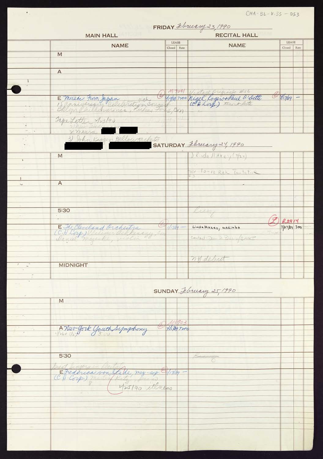 Carnegie Hall Booking Ledger, volume 35, page 53