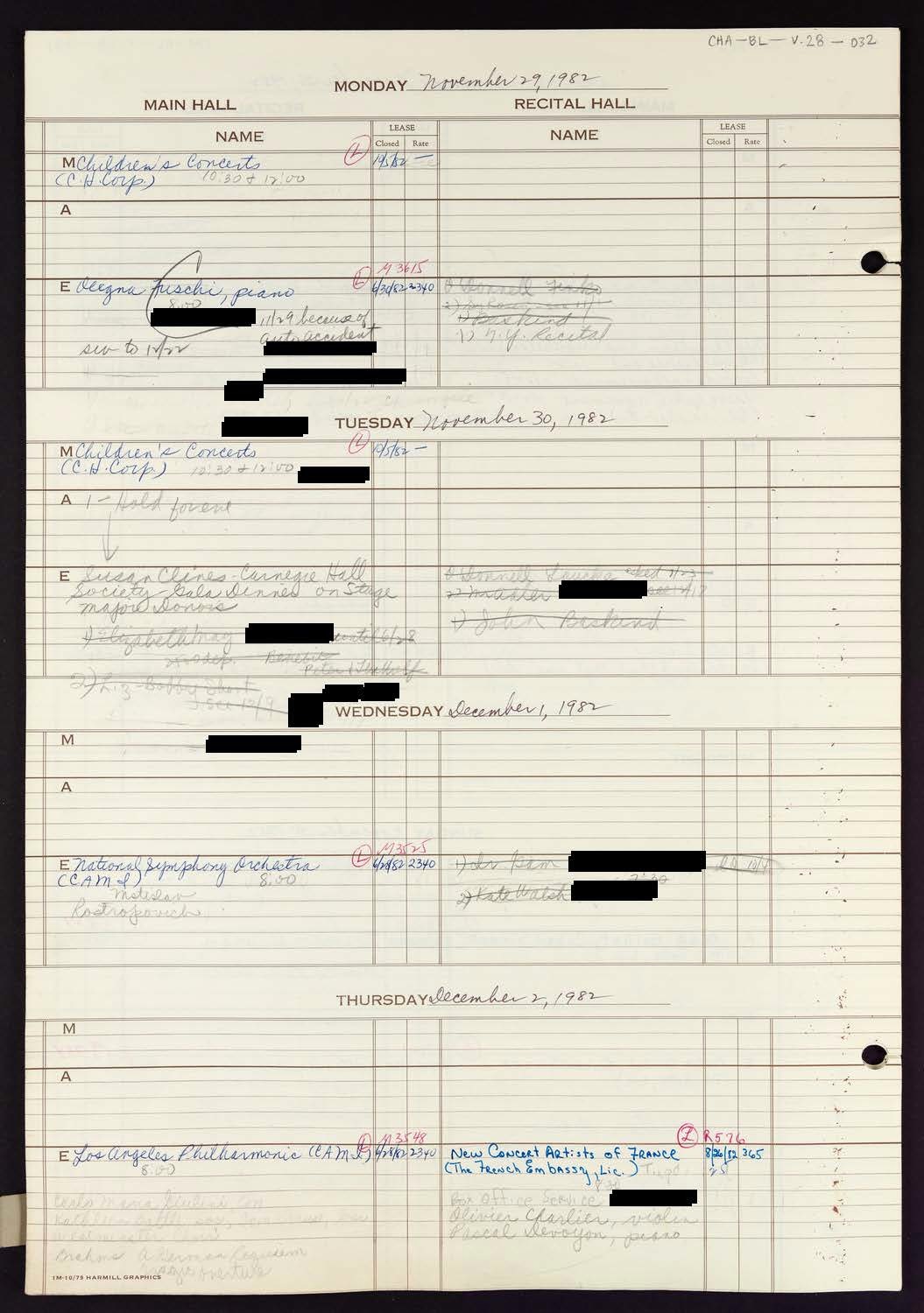 Carnegie Hall Booking Ledger, volume 28, page 32