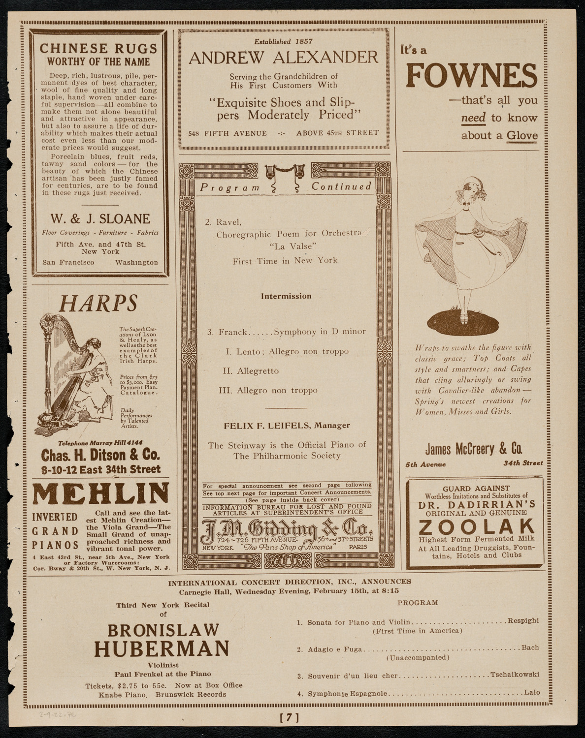New York Philharmonic, February 9, 1922, program page 7