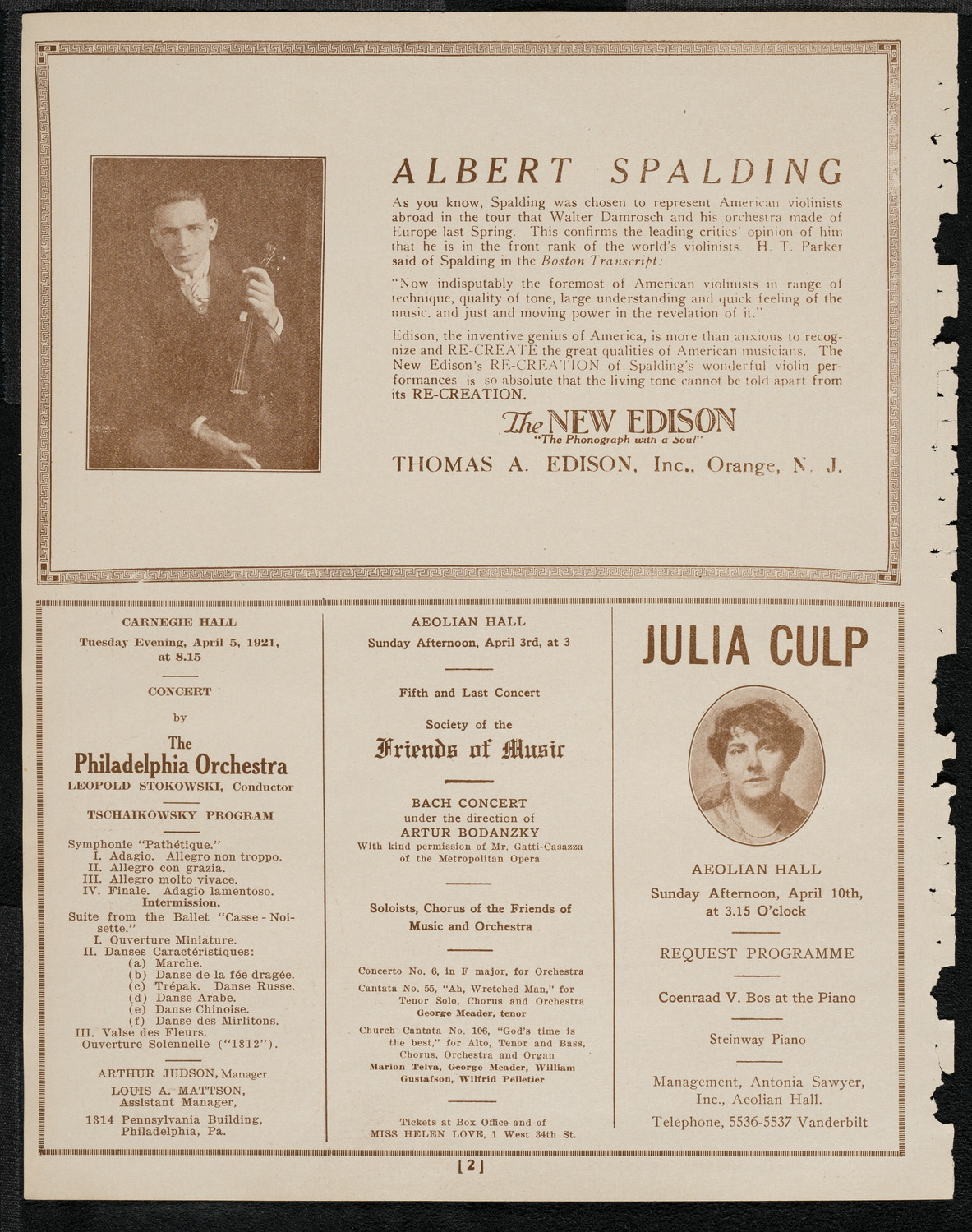 Albert Spalding, Violin, April 3, 1921, program page 2