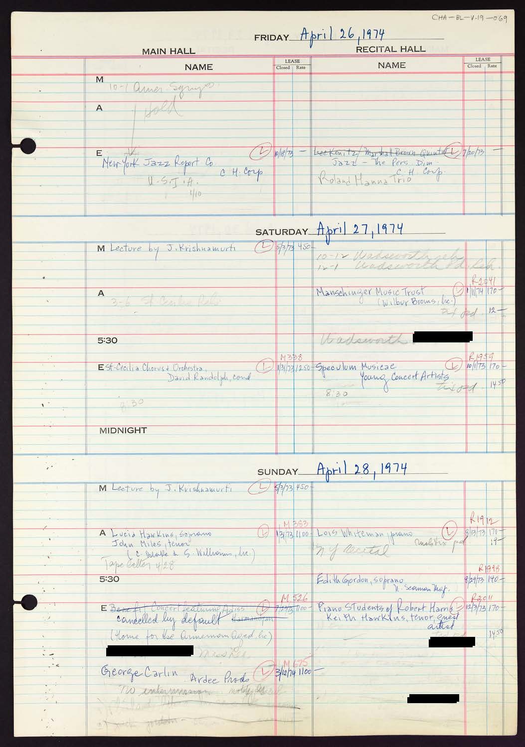 Carnegie Hall Booking Ledger, volume 19, page 69