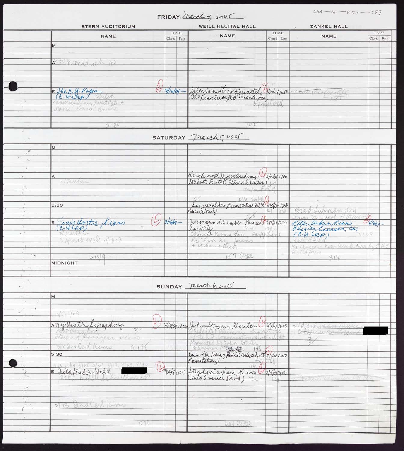 Carnegie Hall Booking Ledger, volume 50, page 57