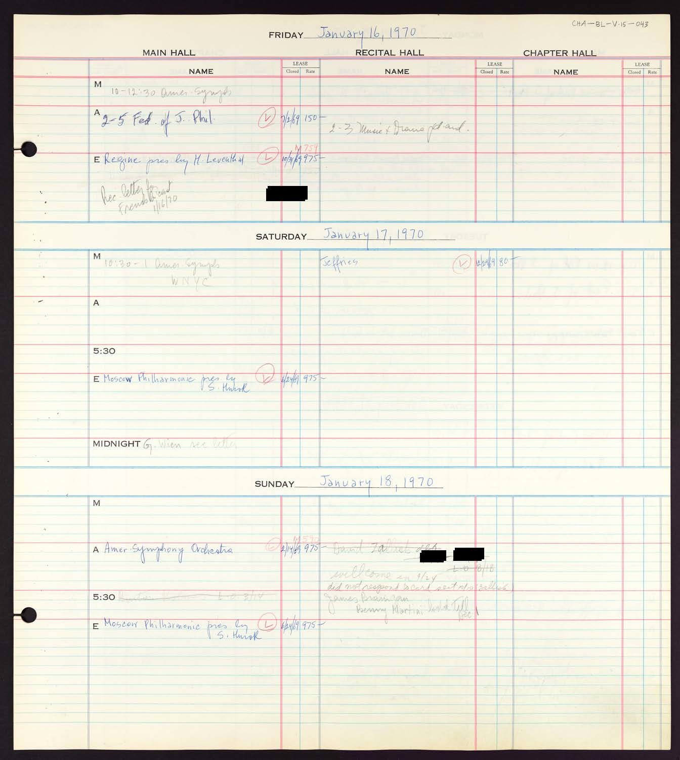 Carnegie Hall Booking Ledger, volume 15, page 43