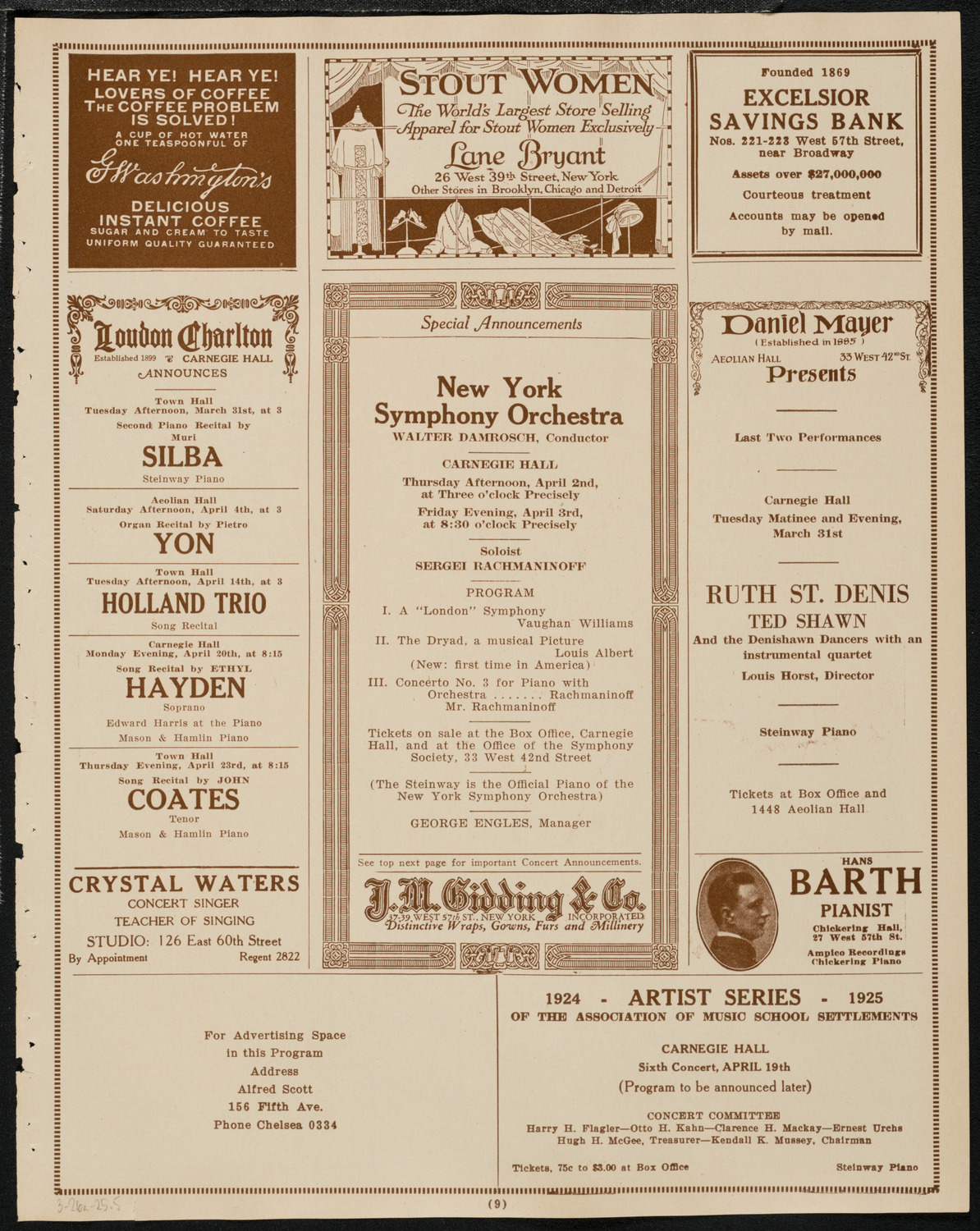 New York Symphony Orchestra, March 26, 1925, program page 9