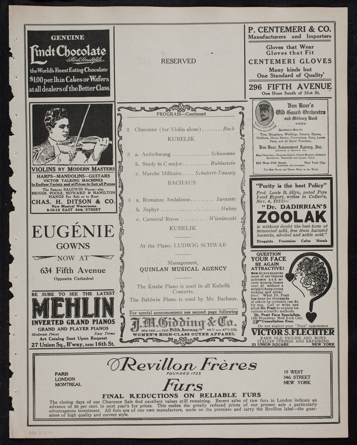Jan Kubelik, Violin, and Wilhelm Backhaus, Piano, February 25, 1912, program page 7