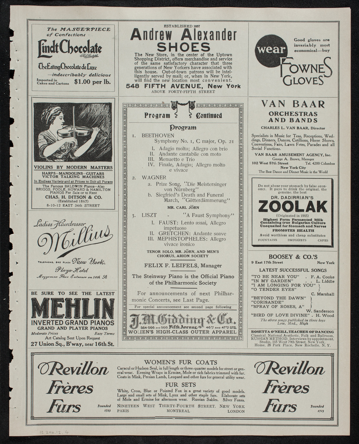 New York Philharmonic, December 20, 1912, program page 7