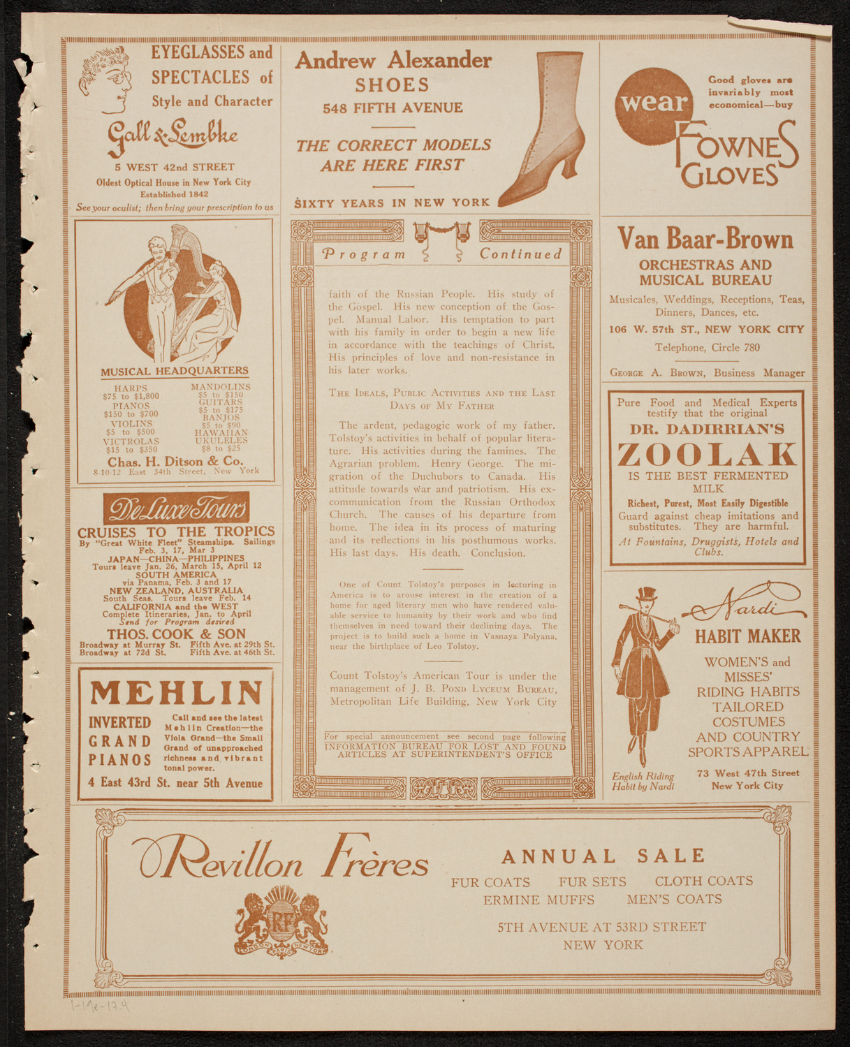 Lecture by Count Ilya Tolstoy, January 19, 1917, program page 7