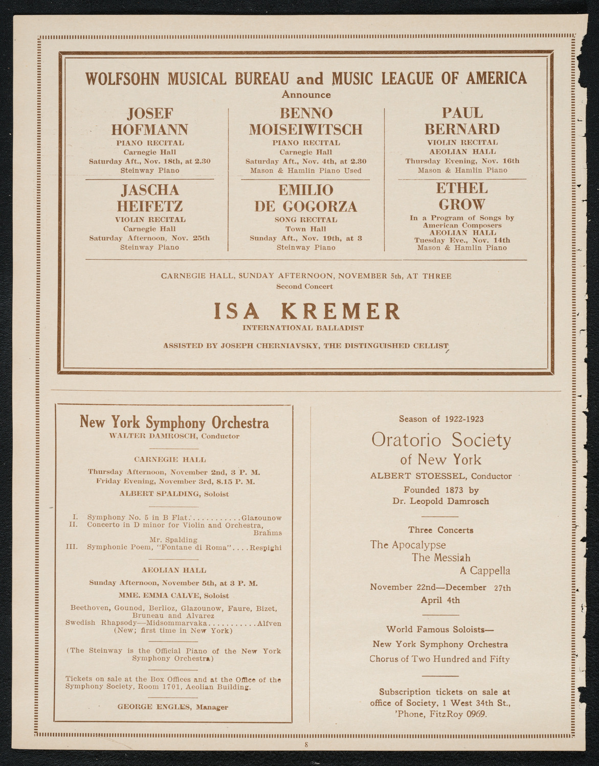 New York College of Music and American Conservatory of Music Faculty Concert with Orchestra, October 29, 1922, program page 8