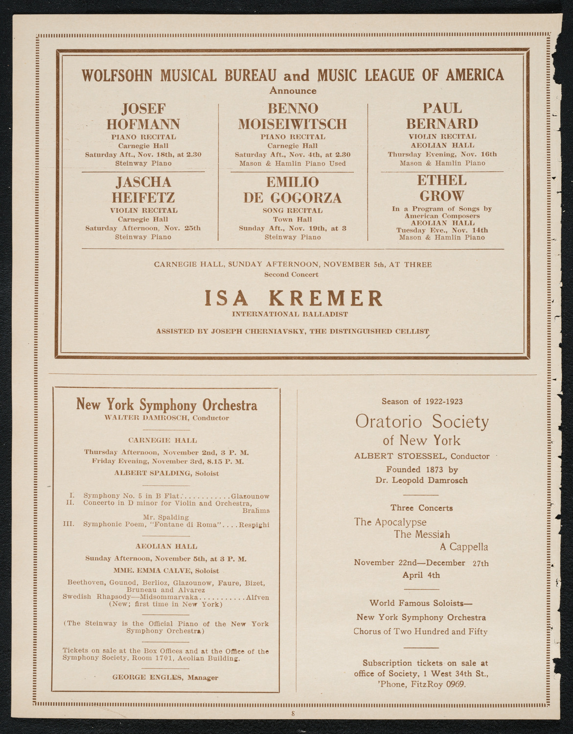 New York College of Music and American Conservatory of Music Faculty Concert with Orchestra, October 29, 1922, program page 8