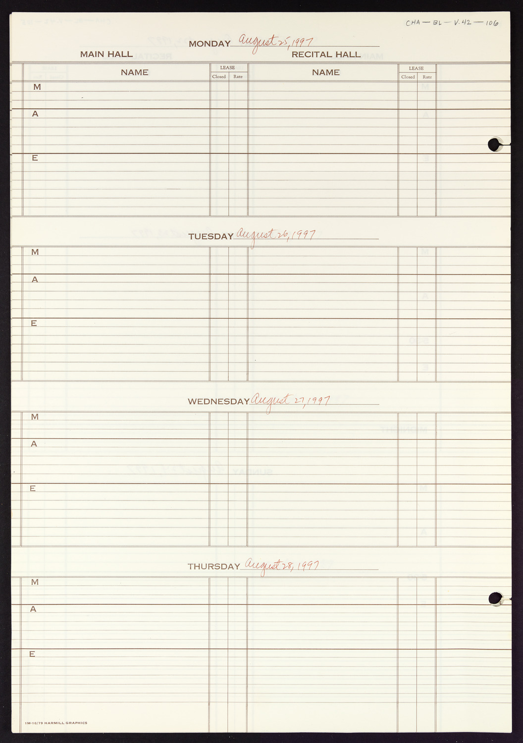 Carnegie Hall Booking Ledger, volume 42, page 106