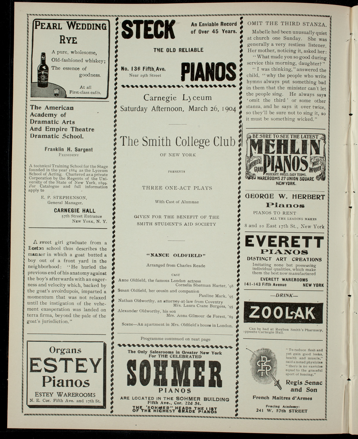 Smith College Theatre Club Benefit Performance for the Smith Students' Aid Society, March 26, 1904, program page 2