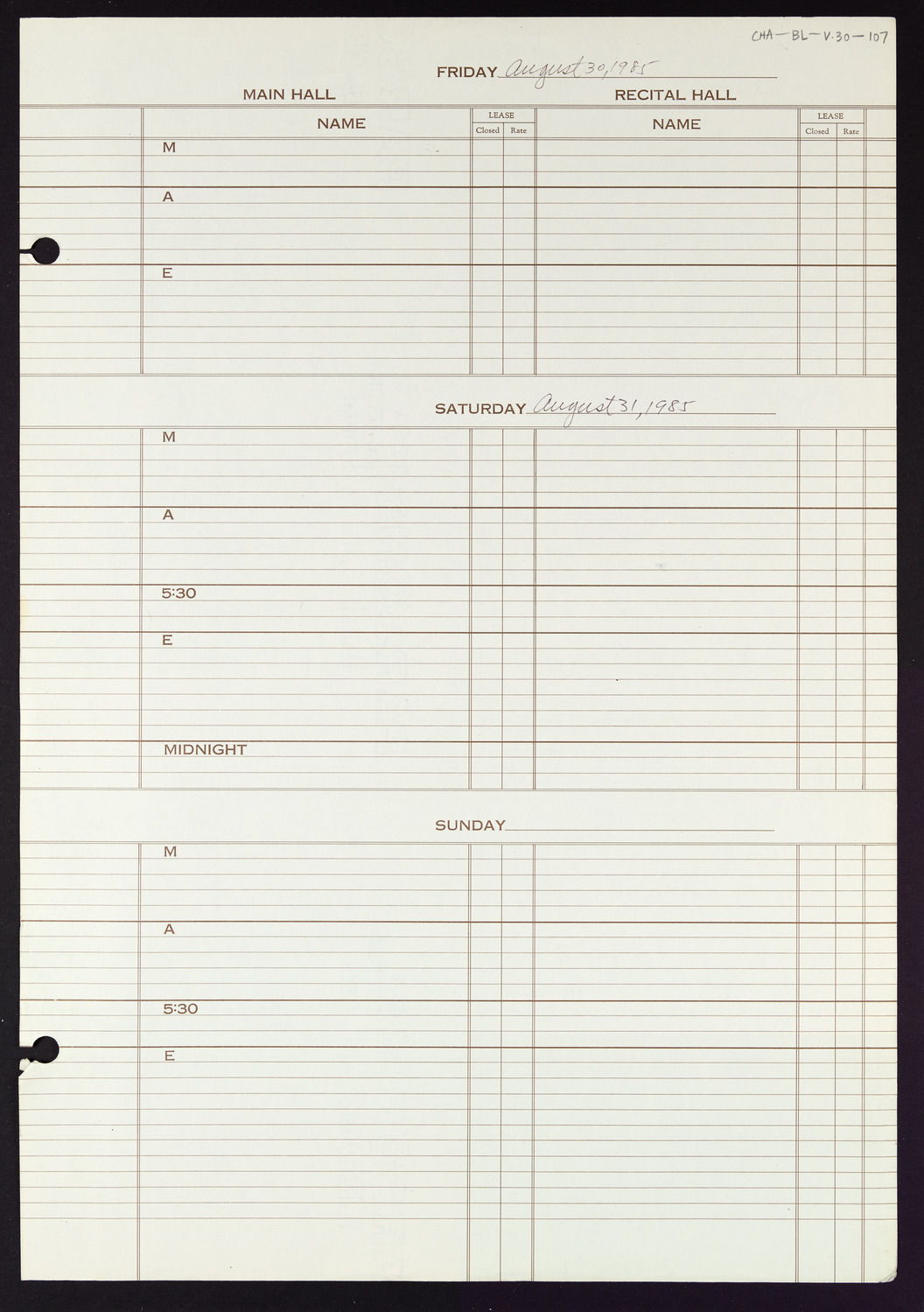 Carnegie Hall Booking Ledger, volume 30, page 107